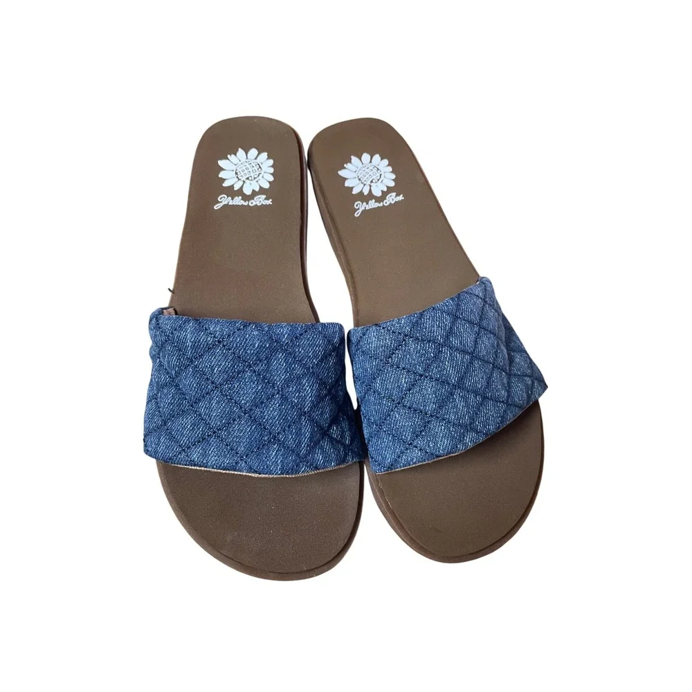Yellow Box Fitzy Blue Quilted Denim Slide Sandals Womens Size 7M Flat Shoes new - Picture 3 of 11